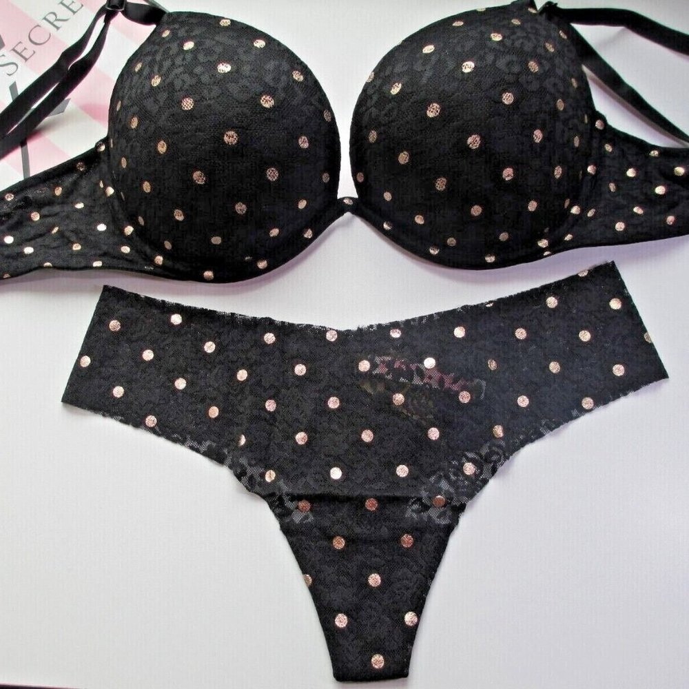 VICTORIA'S SECRET PINK Super Push Up Bra and Panty Set Black Gold Polka Dot VS